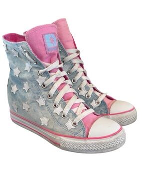 Skechers Daddy's Money Gimme Starry Skies denim wedge sneakers blue pink stars 9